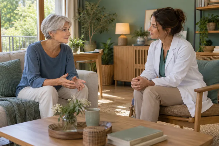 Une femme aux cheveux gris échange avec une médecin