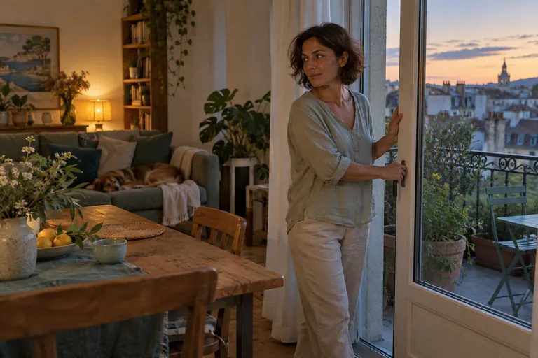 Une femme ouvre une porte-fenêtre au crépuscule
