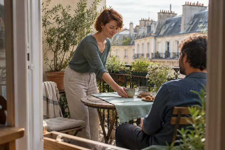 Une femme pose une tasse sur une table de balcon