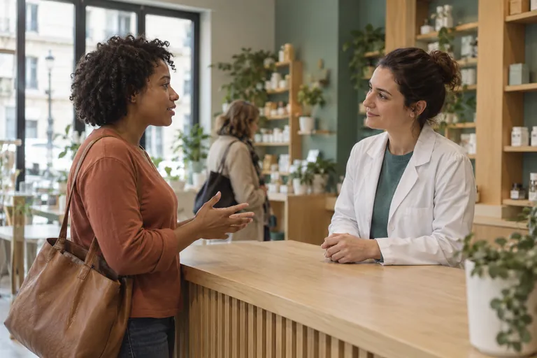 Une femme échange au comptoir avec une pharmacienne