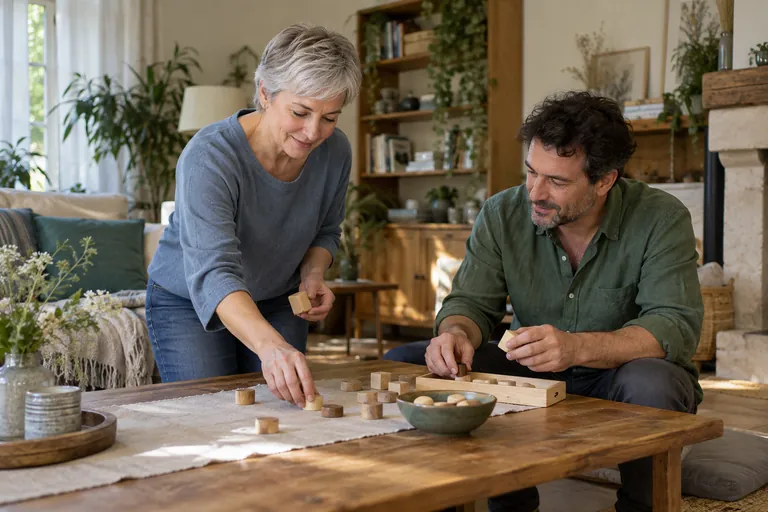 Deux adultes disposent des pièces de jeu en bois sur une table
