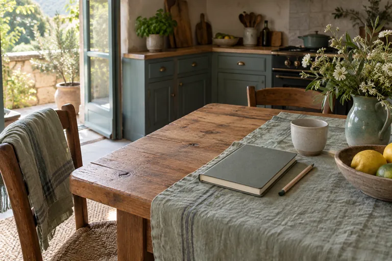 Un carnet fermé et un crayon reposent sur une table de cuisine