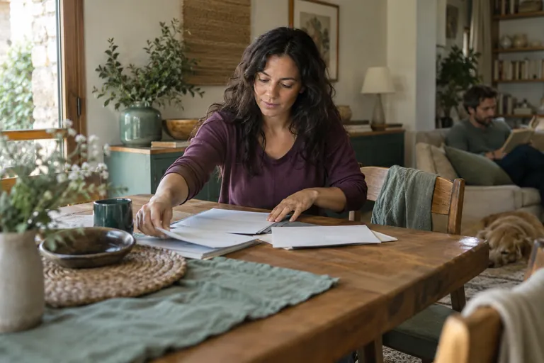 Une femme organise des feuilles sur une table