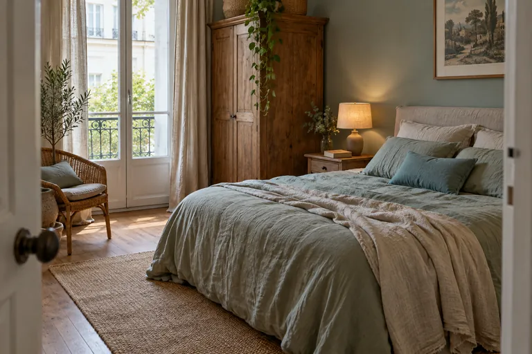 Une chambre vide avec des oreillers et une couverture sur le lit