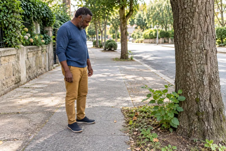 Un homme observe de petites plantes au pied d’un arbre sur un trottoir.