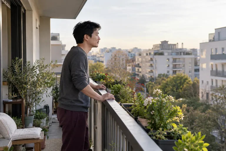Un homme regarde le paysage urbain depuis un balcon planté.