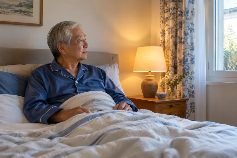 Un homme assis dans son lit regarde vers la fenêtre