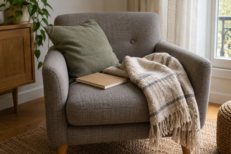 Un carnet fermé et un plaid reposent sur un fauteuil