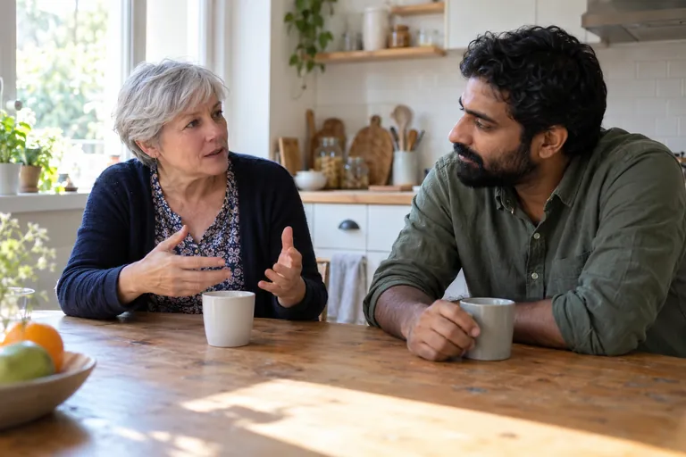 Deux adultes échangent à une table de cuisine
