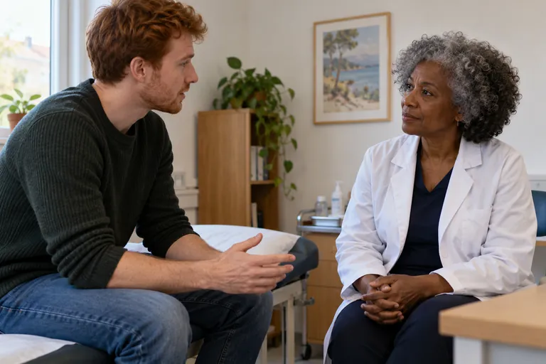 Un homme parle avec une professionnelle de santé