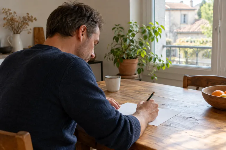 Un homme prépare une note à une table près d’une fenêtre