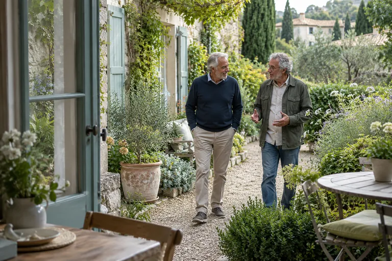 Deux hommes aux cheveux gris marchent et discutent dans un jardin