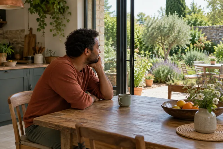 Un homme assis à une table regarde le jardin