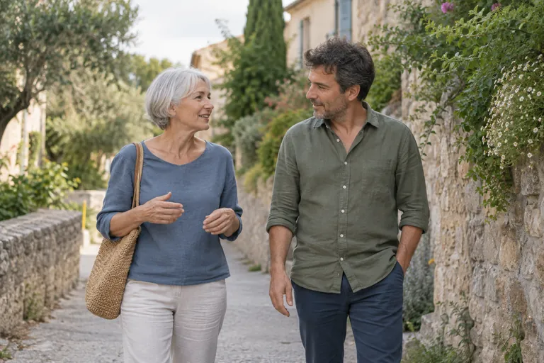 Une femme aux cheveux gris et un homme marchent dans une ruelle