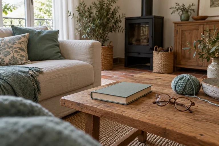 Un livre fermé, des lunettes et une pelote reposent sur une table basse