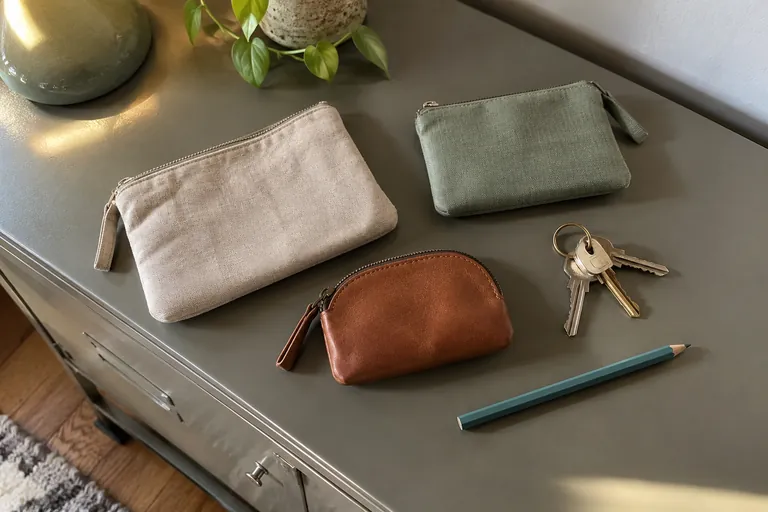 Trois pochettes, des clés et un crayon reposent sur un meuble.