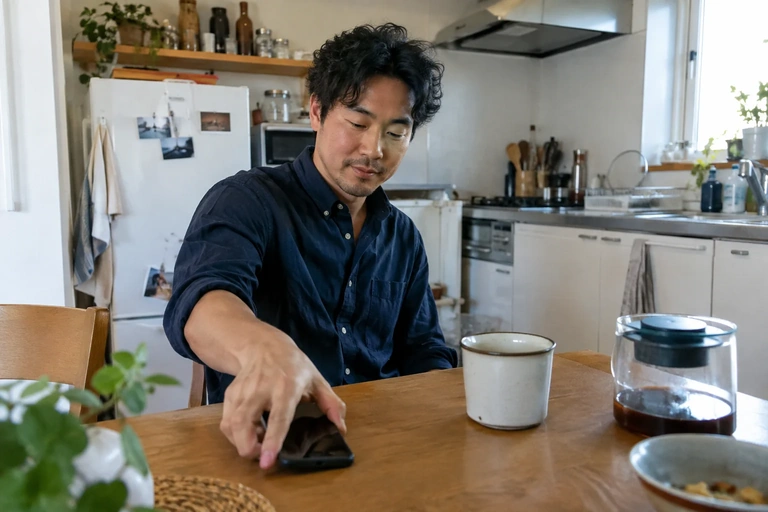 Un homme pose son téléphone sur une table de cuisine