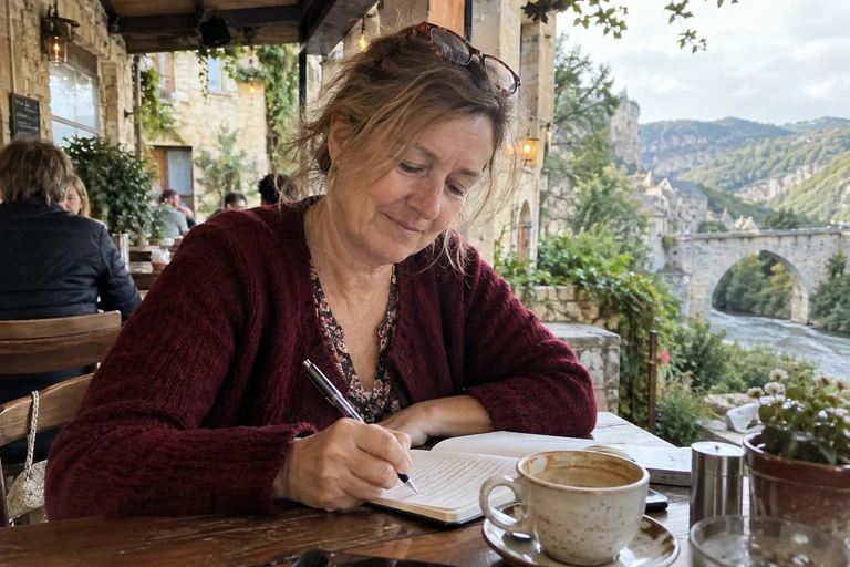 Une femme écrit quelques mots dans un carnet sur une terrasse couverte