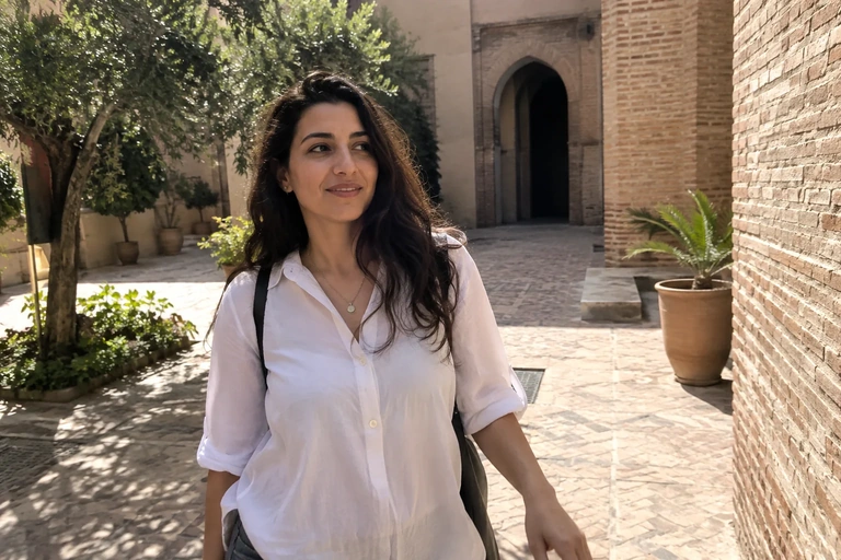 Une femme marche dans une cour en briques après un échange