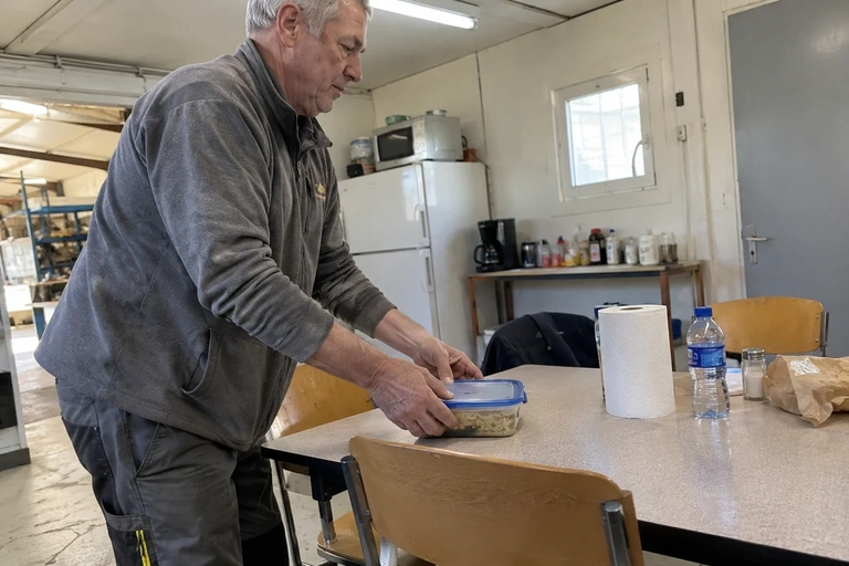 Un homme pose une boîte-repas dans une salle de pause
