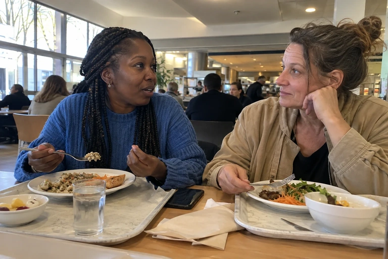 Deux femmes discutent pendant leur repas à la cantine
