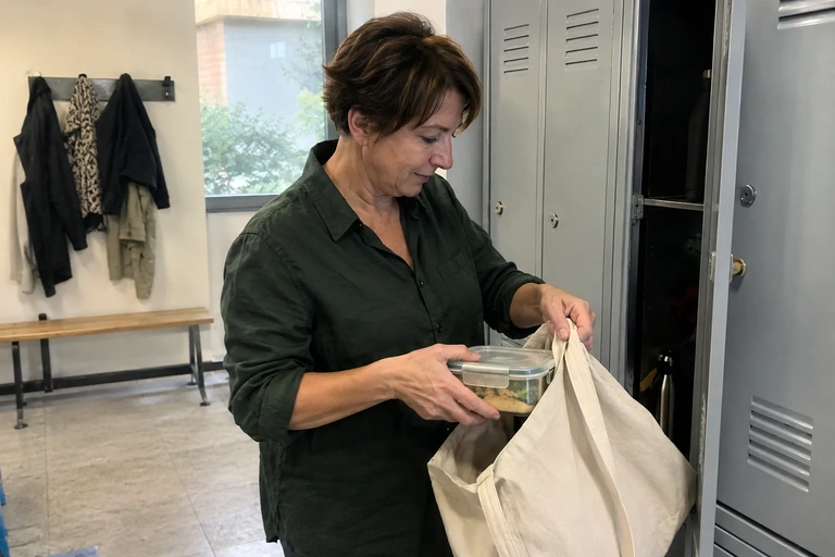 Une femme range sa boîte-repas près de son casier