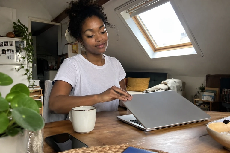 Une femme ferme un ordinateur portable dans un appartement