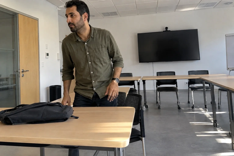 Un homme se lève d’une table dans une salle de formation