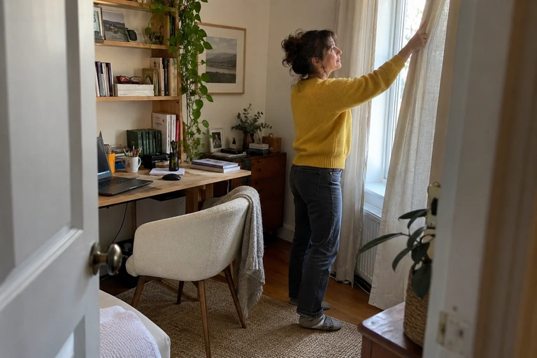 Une femme ajuste un rideau près de son bureau