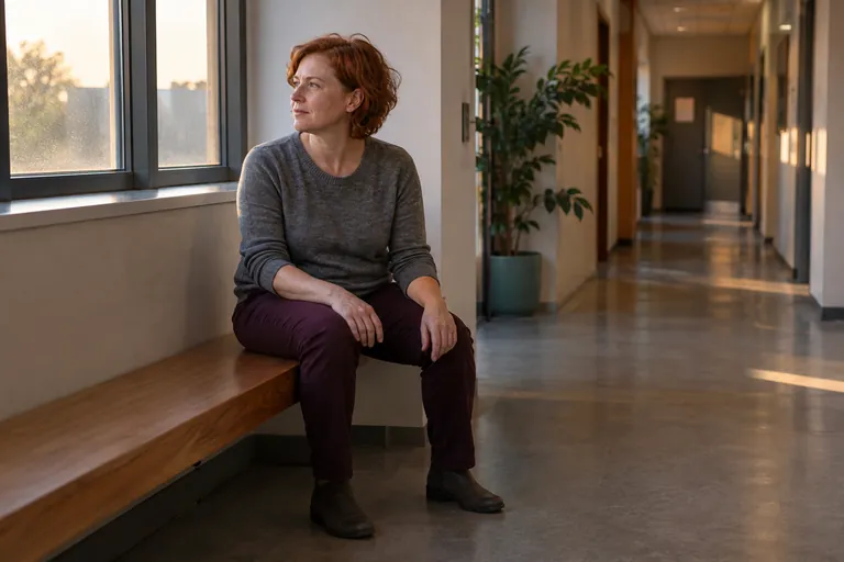 Une femme est assise sur un banc près d’une fenêtre dans un couloir.