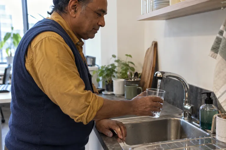 Un homme remplit un verre d’eau au robinet.