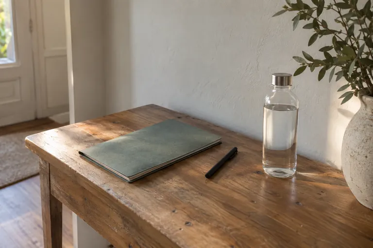 Un carnet fermé, un stylo et une bouteille d’eau reposent sur une table.