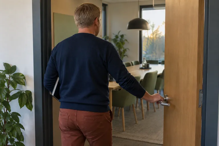 Un homme ouvre la porte d’une salle de réunion en tenant un carnet.