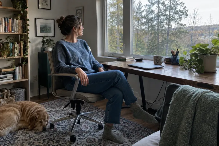 Une femme s’éloigne de son bureau et regarde dehors pendant une courte pause