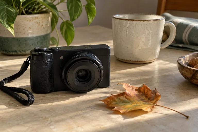Un appareil photo compact, une feuille d’automne et une tasse reposent sur une table.