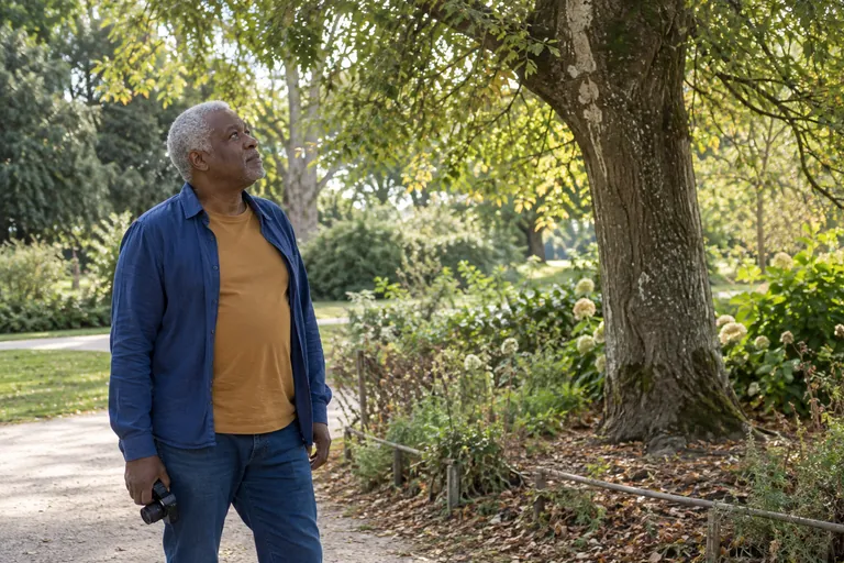 Un homme regarde un arbre en tenant son appareil photo baissé.