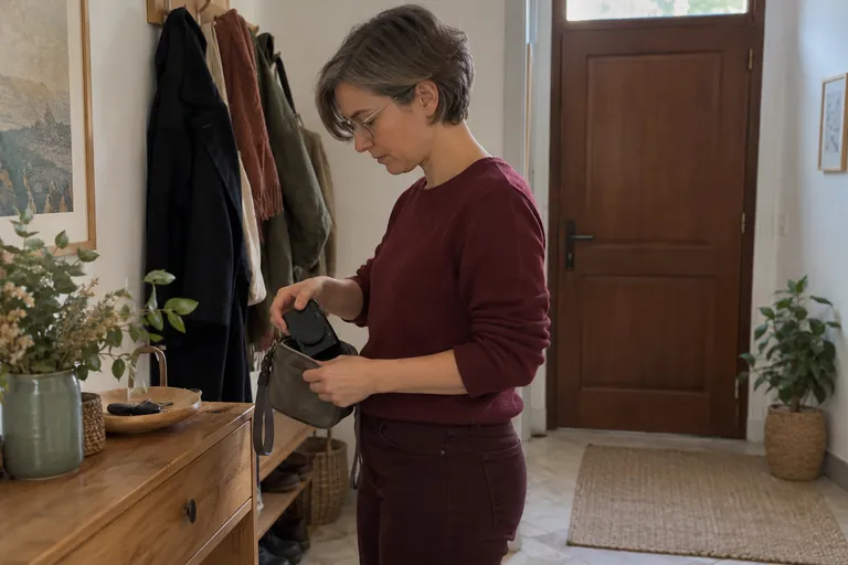 Une femme range un appareil photo compact dans une sacoche.