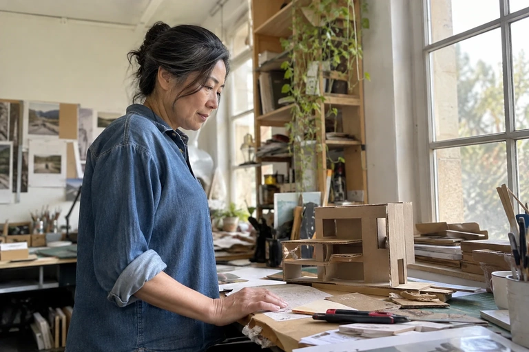 Une femme examine une maquette en carton sur un établi
