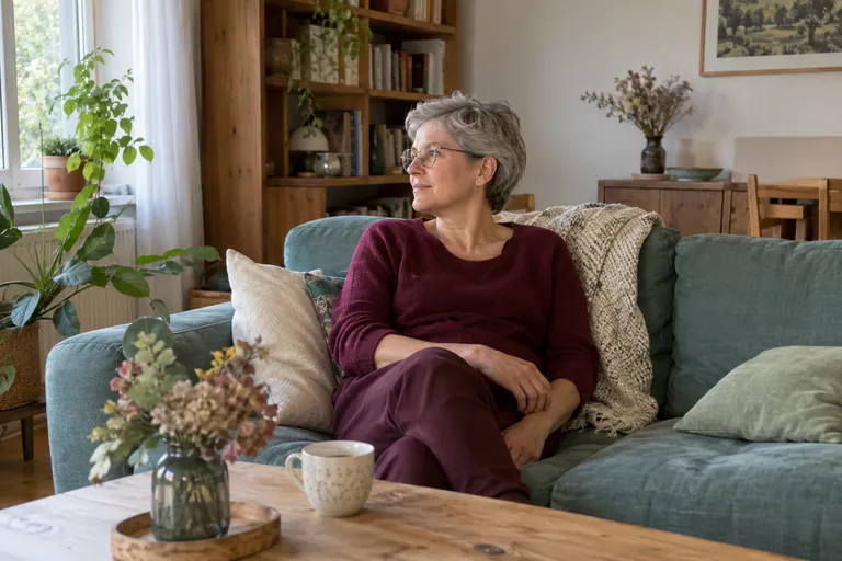 Une femme assise sur un canapé regarde vers une fenêtre.