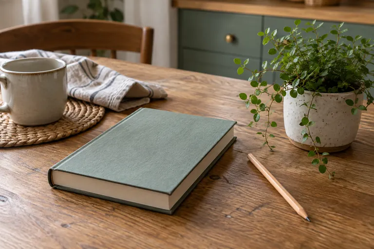Un carnet fermé et un crayon reposent près d’une tasse et d’une plante.