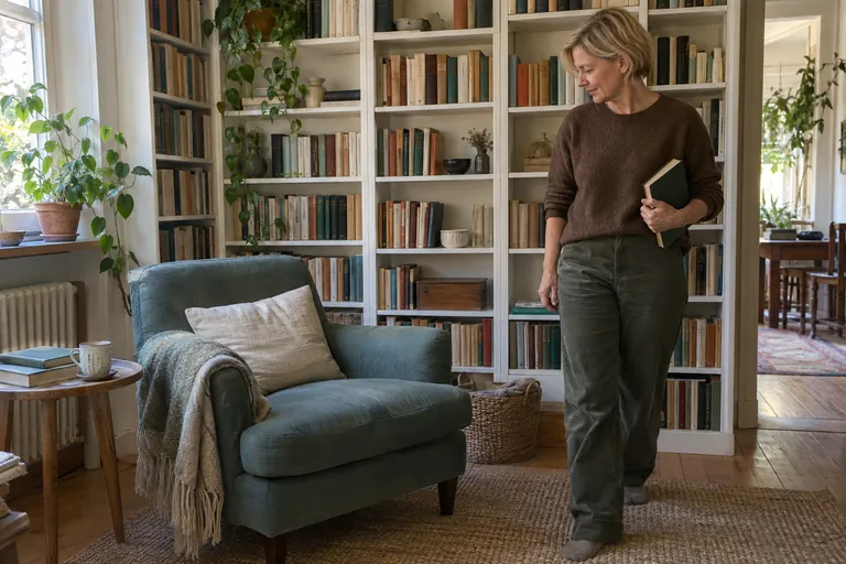 Une femme tient un livre debout près d’un fauteuil.