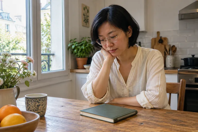 Une femme regarde un carnet fermé sur une table