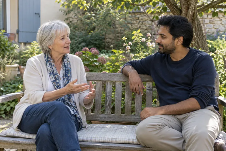 Deux adultes discutent sur un banc dans un jardin