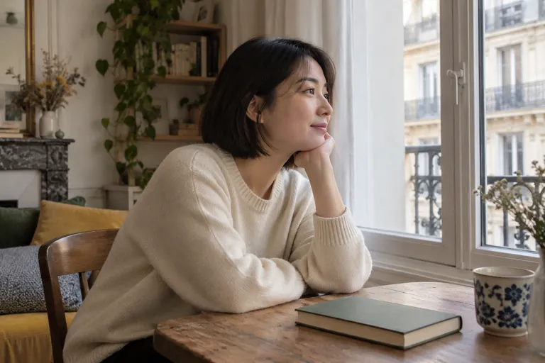 Une femme est assise près d’une fenêtre et d’un livre fermé