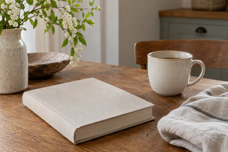 Un livre fermé, une tasse et un tissu clair reposent sur une table