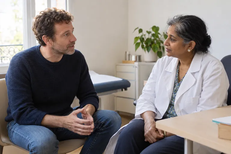 Un homme échange avec une professionnelle de santé