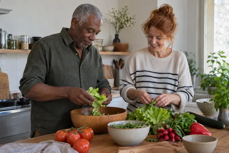 Deux adultes préparent une salade dans une cuisine