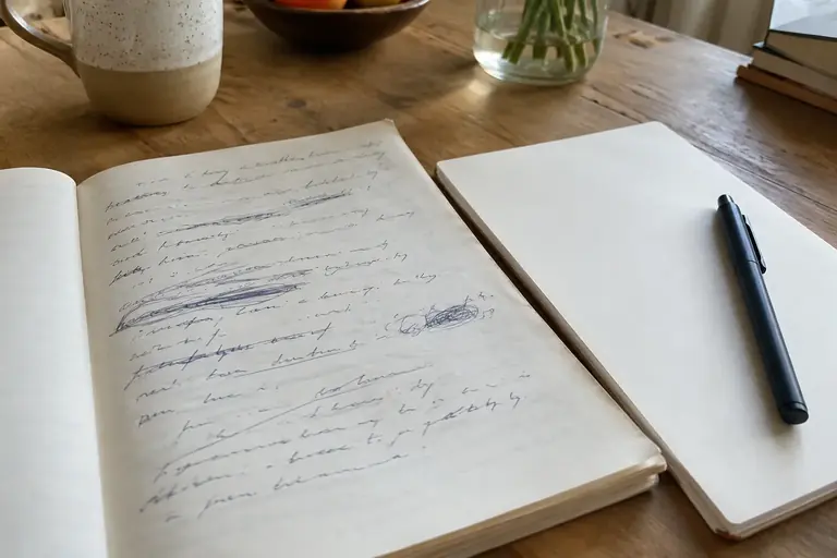 Un brouillon avec quelques lignes barrées à côté d’une seconde feuille et d’un stylo fermé