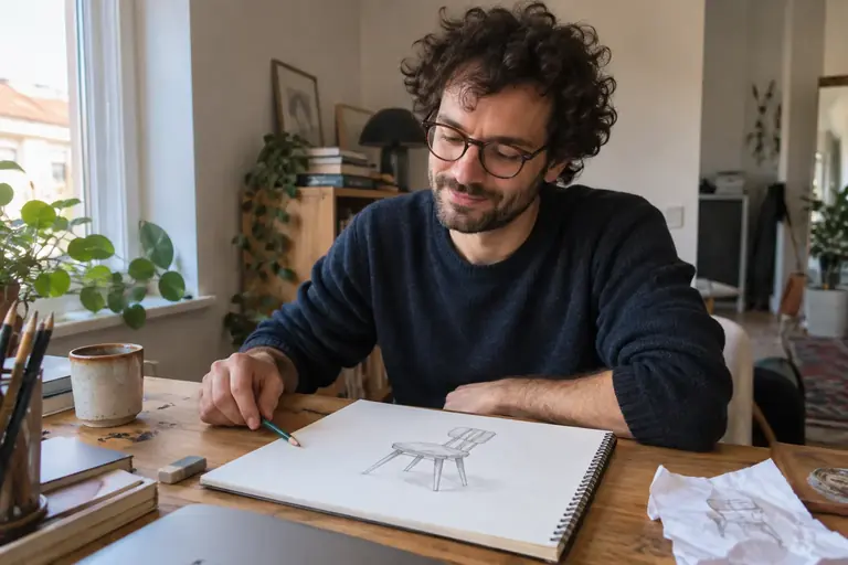 Un homme pose son crayon près d’un dessin encore en cours