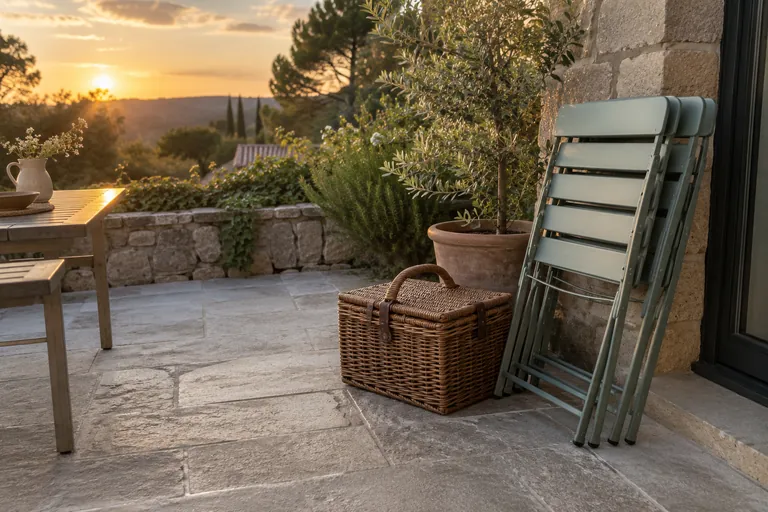 Un panier fermé et deux chaises pliées sont rangés contre un mur sur une terrasse.